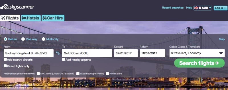 Flights to the Gold Coast using Skyscanner