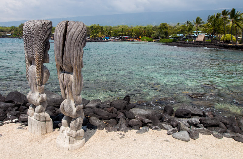 Wood carvings in Pu'uhonua O Honaunau Park - Big Island Hawaii