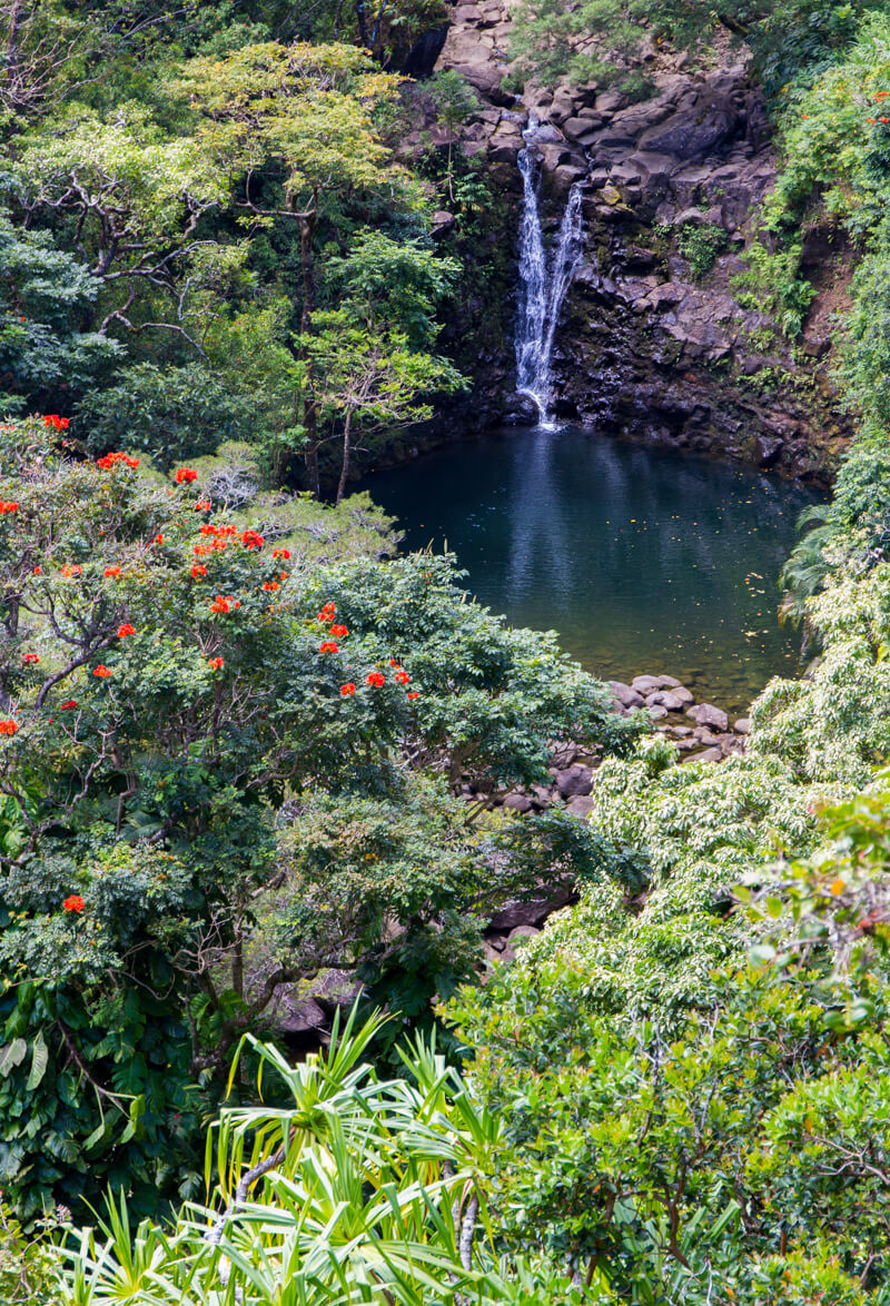 Waterfall in the Garden of Eden along the Road to Hana drive in Maui, Hawaii