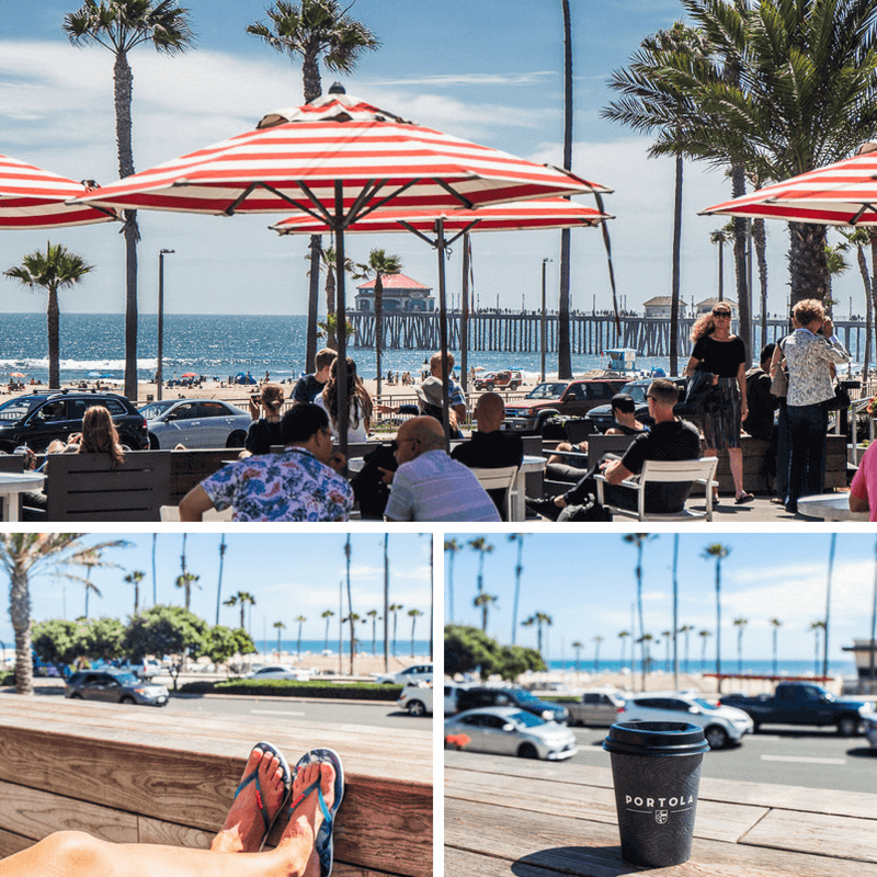 people eating at restaurants enjoying view at Pacific City, Huntington Beach, California