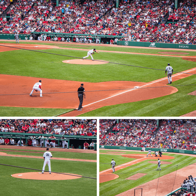 A crowd of people watching a baseball game