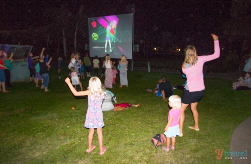 family dancing at campground party