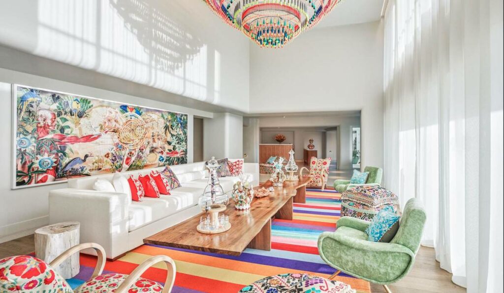 colorful sitting area of faena hotel