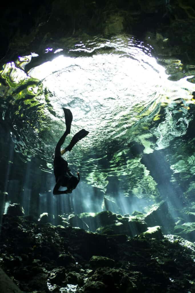 person diving under cenote