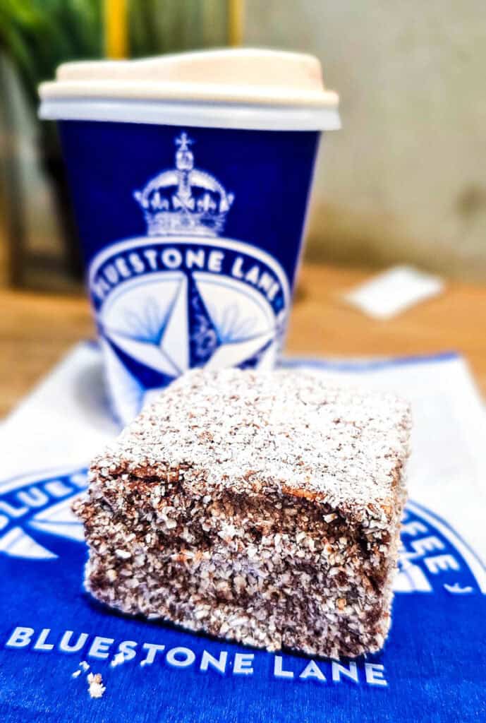 lamington and coffee at bluestone lane