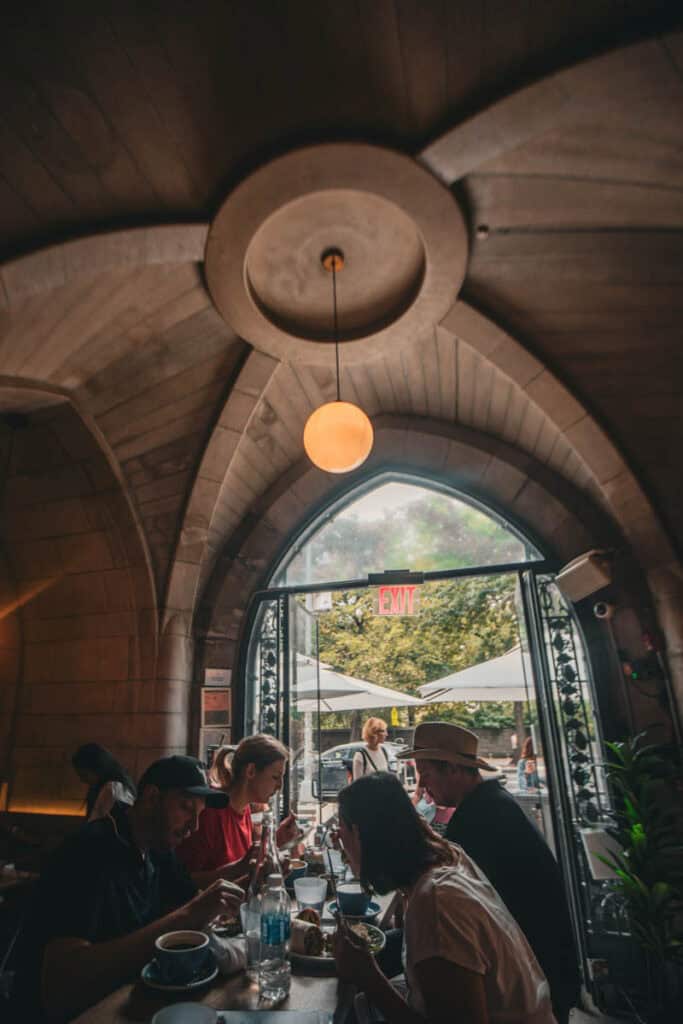 cafe inside a church with arched ceilings