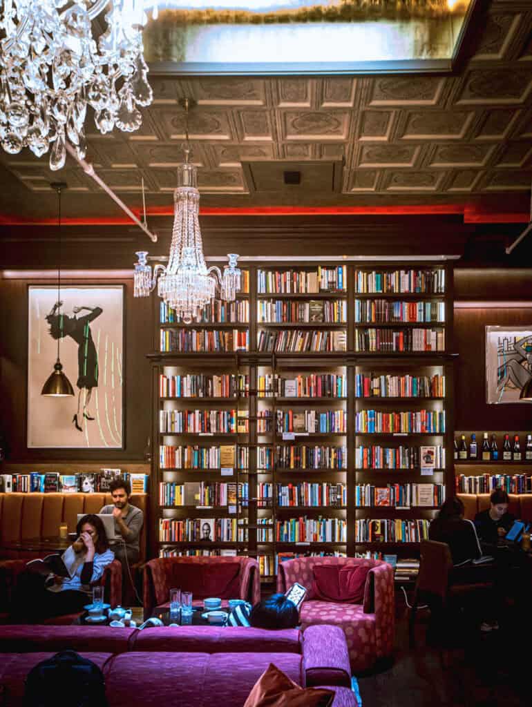 cafe with bookshelves behind