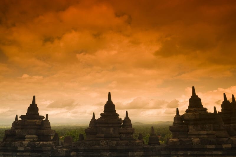 silhouette of Borobudur temples at sunset