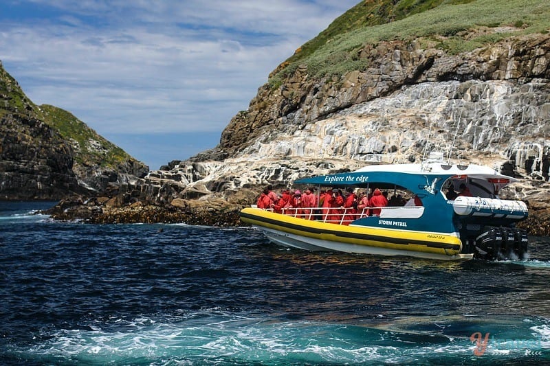 a boat in water next to a cliff