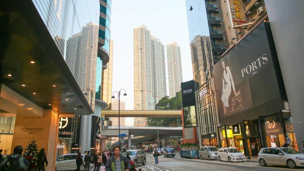 Central streets of Hong Kong. Billboards. Shopping centers and fashion shops.