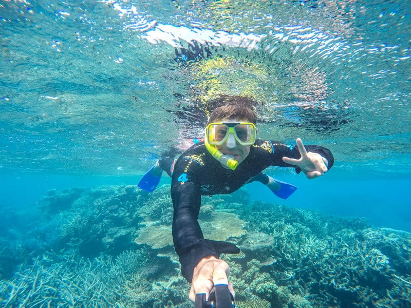 .man snorkeling the Great Barrier Reef