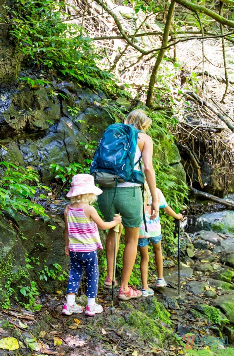 woman walking on trail with two young children in the mountains