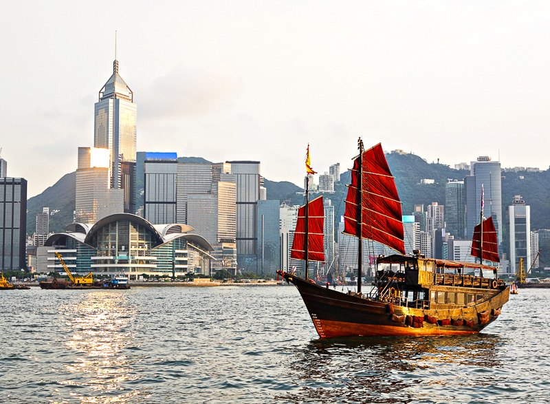 View of Hong Kong harbour with junk boat from TST