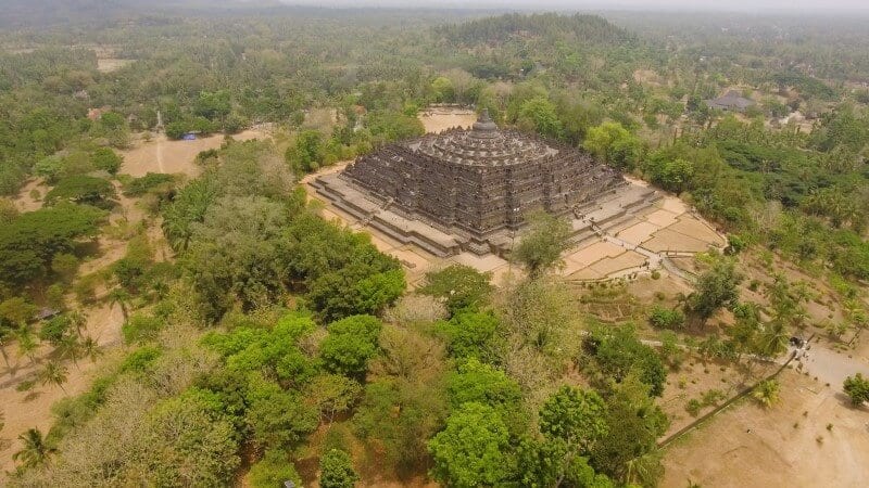 aerial view of ancient borobudur temple in jungle