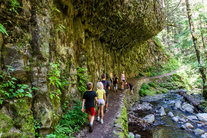 people hiking narrow gorge path