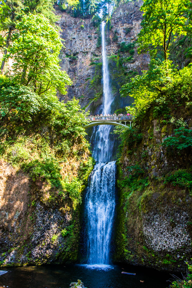 people standing on bridge looking at Multnomah Falls, Oregon