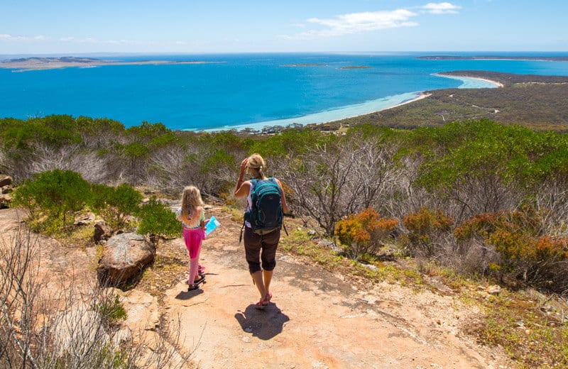 mother and child hiking at port lincoln with ocean views