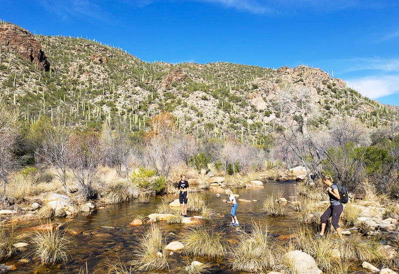 people crossing river in Sabino Canyon Tucson