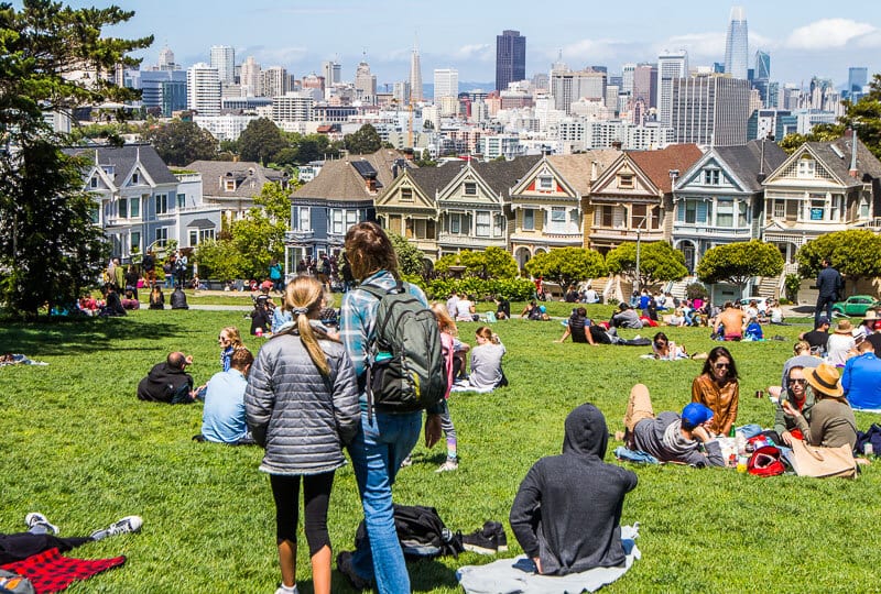 people in park looking at Painted Ladies 