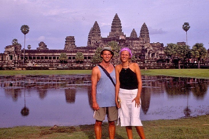 caz and craig posing in front of Angkor Wat, Cambodia