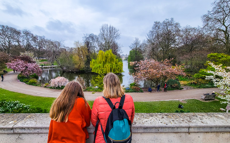 people looking at view of pond in St James Park, London