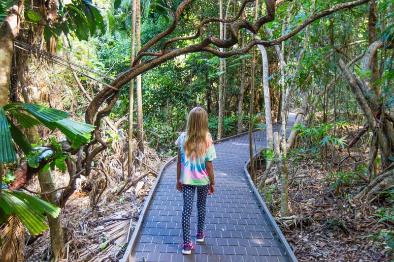 girl walking on a board walk in a forest