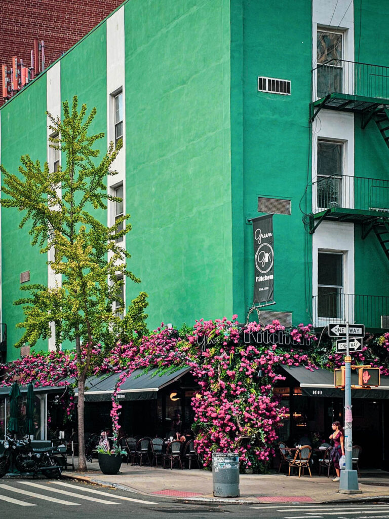 restaurant exterior covered with flowers