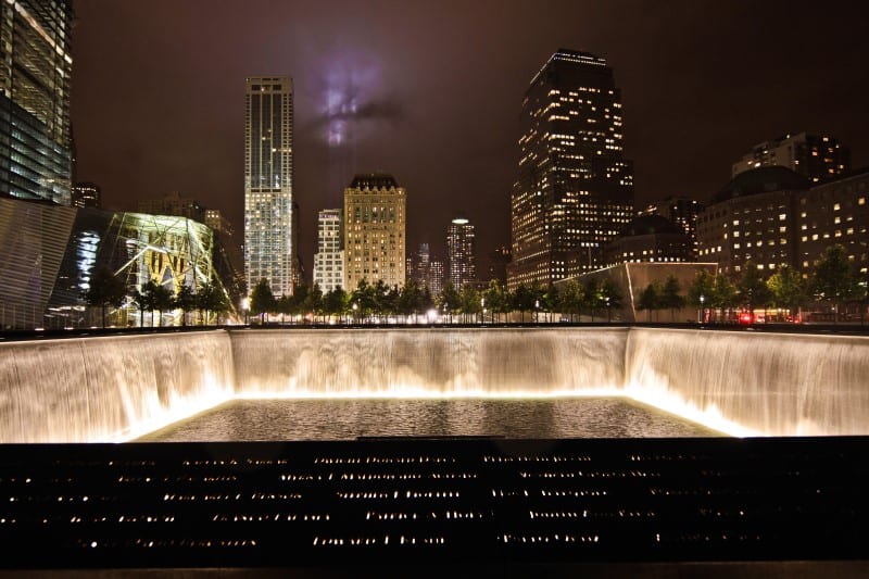 911 memorial at night