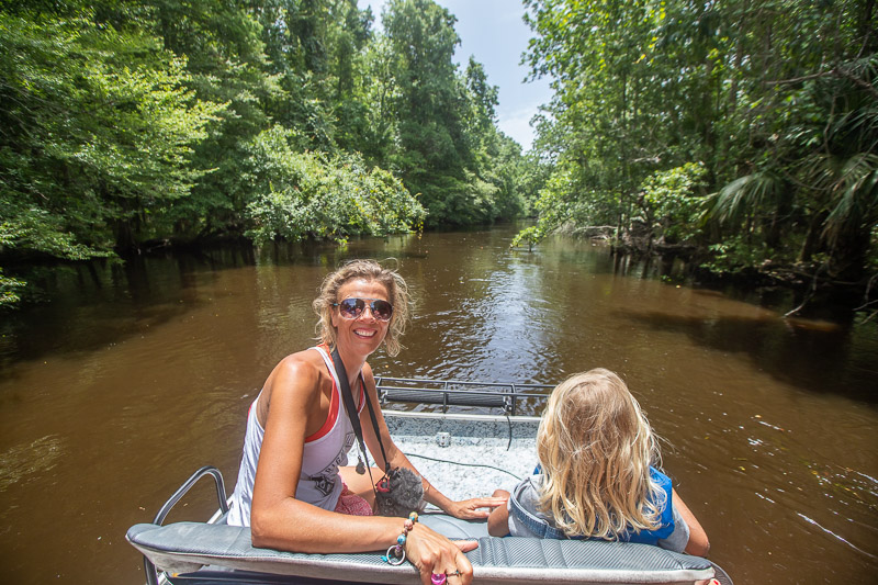 woman smiling on Airboat tour on the Wacissa River, Florida