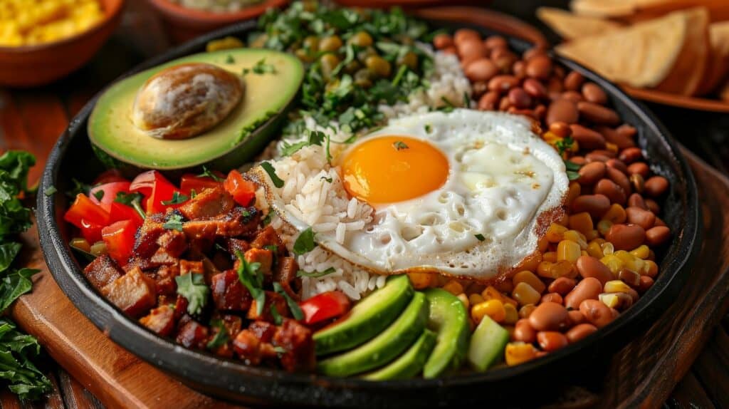 plate of beans eggs and avocado