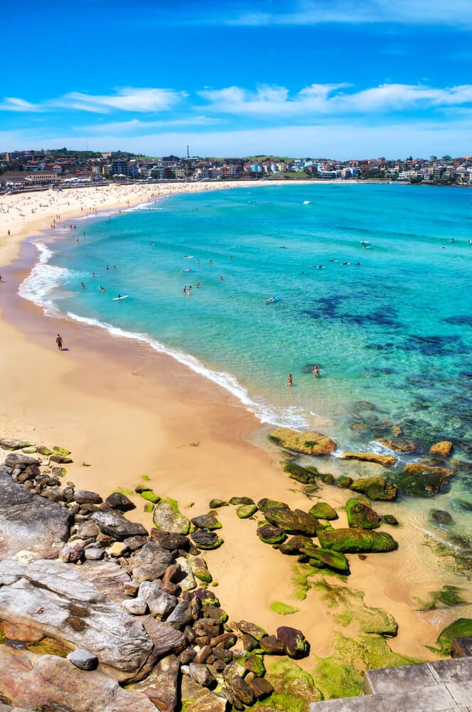 aeiral view of the aqua water of bondi beach and moss covered rocks on the golden sand