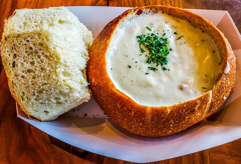 clam chowder in bread bowl