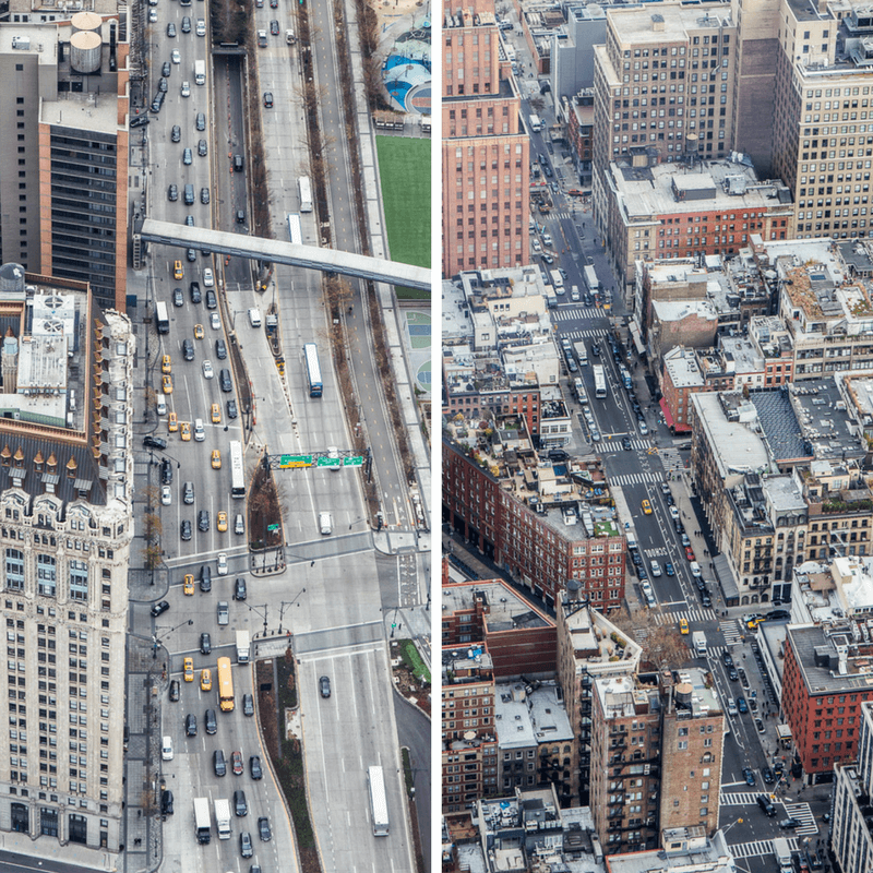 View of NYC streets from top of One World Observatory 