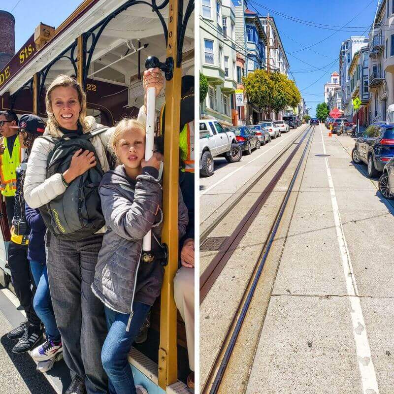 woman and child hanging off Cable Cars, San Francisco