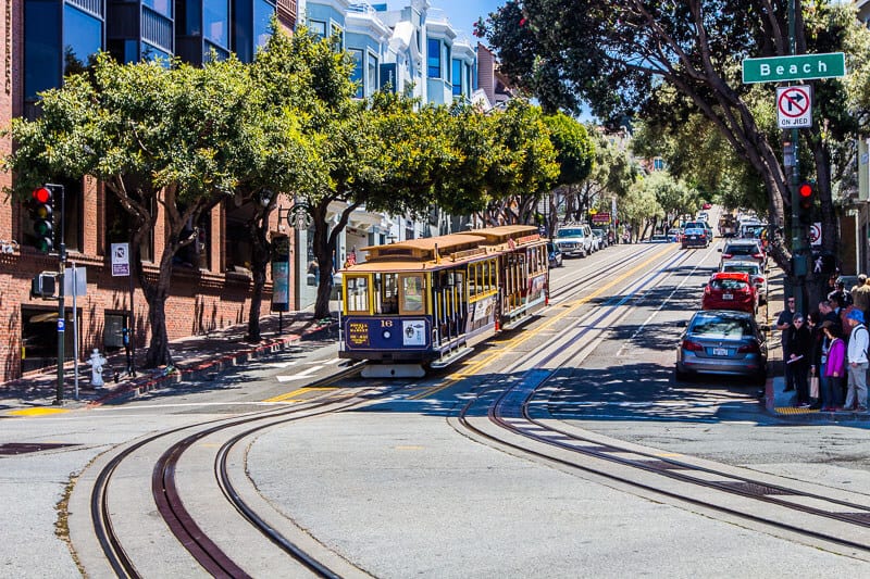 Cable Car coming down hill in, San Francisco