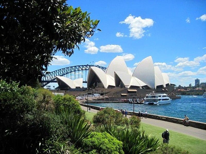 view of sydney opera house with harbour bridge behind it from the royal botanic gardens