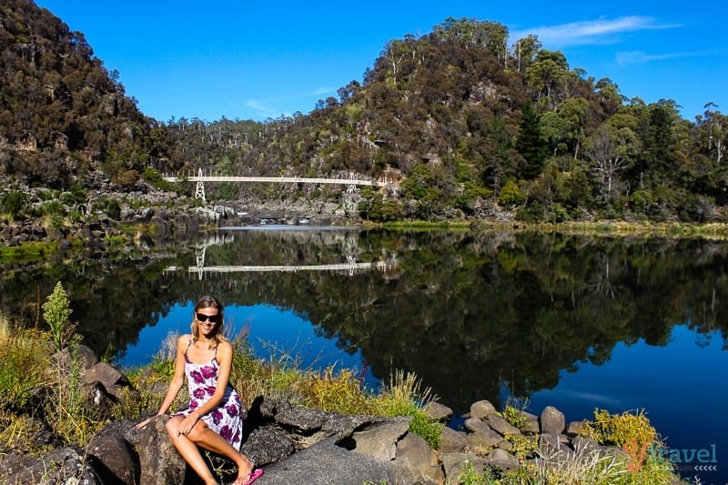 woman sitting in front of view Cataract Gorge Launceston