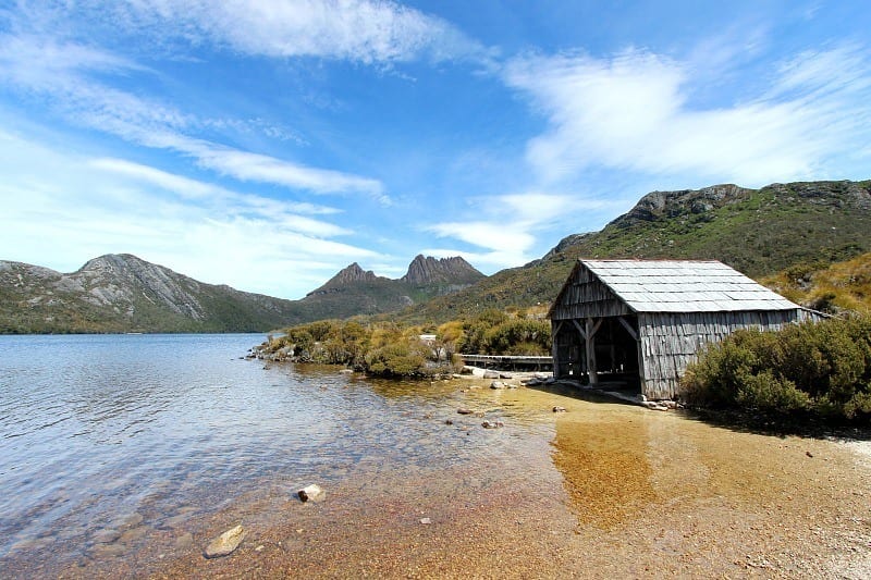 boat shed on edge of dove lake in Cradle Mountain National Park - Tasmania, Australia