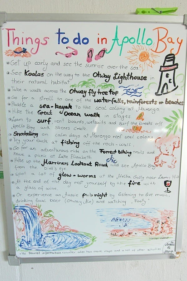 white board with list of things to do in apollo bay