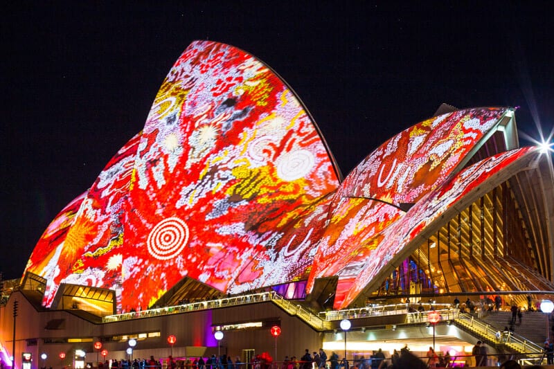 aboriginal paintings projected on opera house vivid