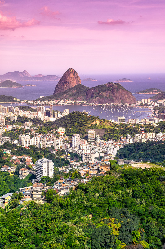 Aerial view of buildings on the beach front with Sugarloaf Mountain in the background, Botafogo, Guanabara Bay, Rio De Janeiro, Brazil