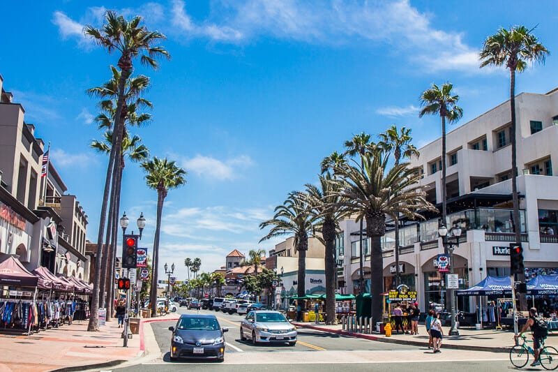 Downtown Huntington Beach main street lined with palm trees