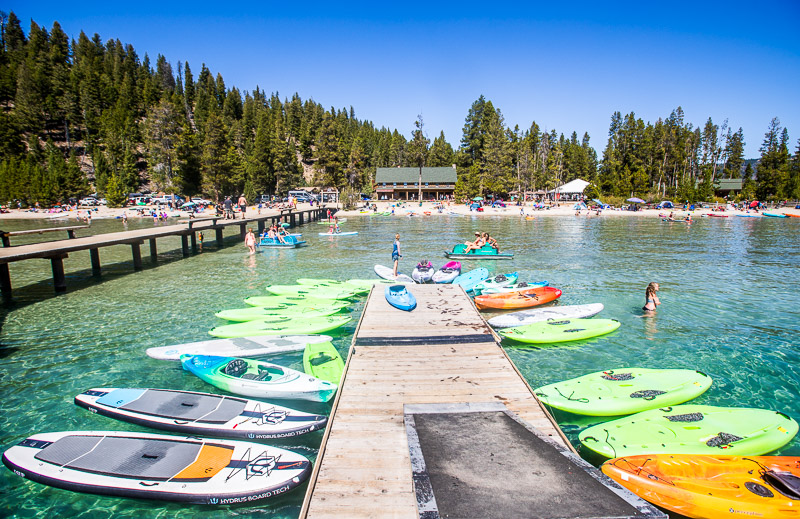 kayaks moored to jetty on Redfish Lake, Stanley