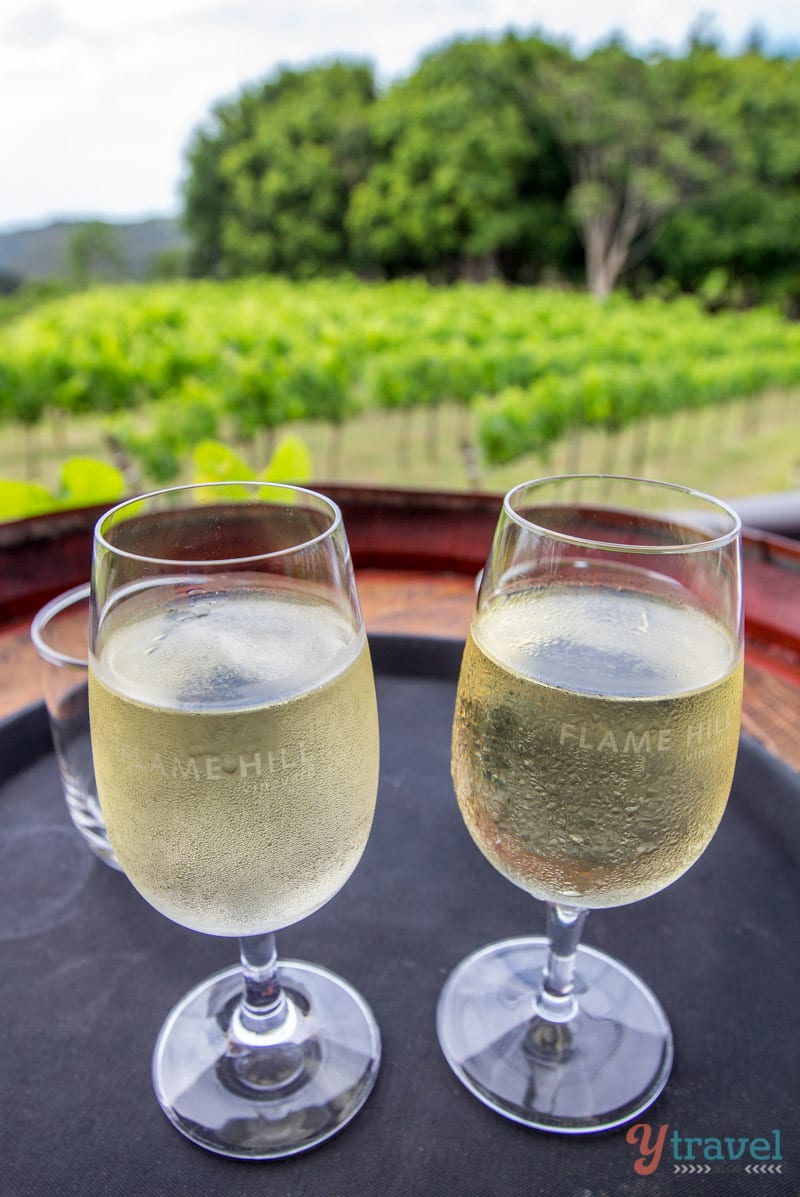 glasses of wine on barrel at Flame Hill Vineyard - 