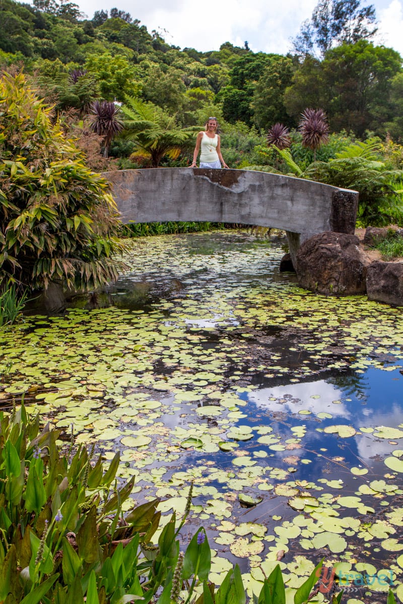 woman standing on a bridge over a pond