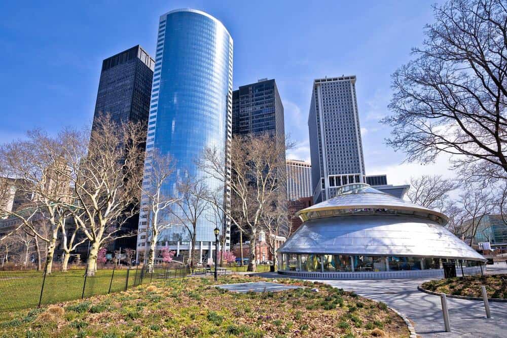 Battery park and New York City downtown skyscrapers view, United States of America