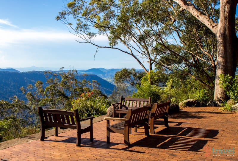 benches facing mountains