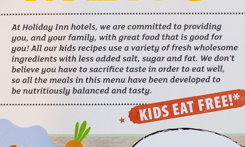 Kids menu at Holiday Inn Sydney Airport